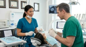 Dental Assistant assisting a Dental hygienist during a cleaning.