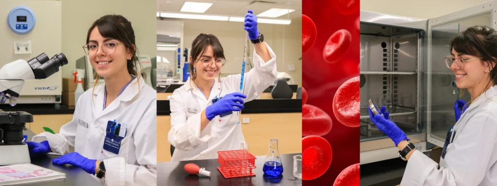 Medical Laboratory Assistant student, in the medical laboratory completing labs/ clinicals. this shows the MLA vs MLT programs offered