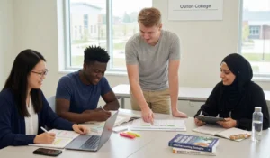 Study Habits for college students. depicts a group of students of different genders and ethnic groups, having a study session. This shows the importance of the different habits of learning.