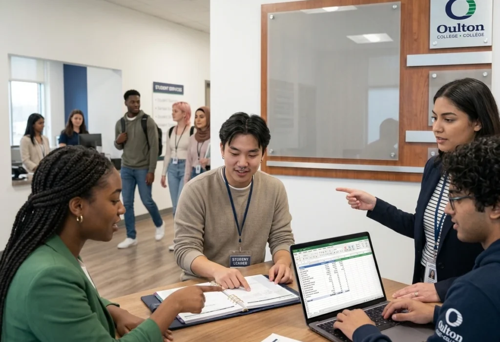 Diverse group of college-age students collaborating around a table with a planner and laptop in a modern campus student services center featuring the Oulton College logo.