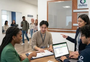 Diverse group of college-age students collaborating around a table with a planner and laptop in a modern campus student services center featuring the Oulton College logo.