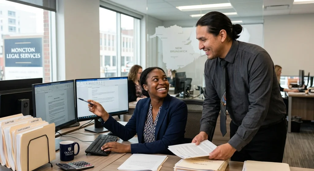 A collaborative scene inside a Moncton legal firm showing a Black female paralegal seated at her desk discussing court filings with an Indigenous male colleague who stands beside her holding a legal binder. Both professionals are smiling as they review documents together. Large window frames display Moncton urban scenery outside, and the office setting reflects an energetic, diverse, and inclusive legal work culture.