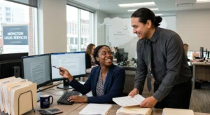 A collaborative scene inside a Moncton legal firm showing a Black female paralegal seated at her desk discussing court filings with an Indigenous male colleague who stands beside her holding a legal binder. Both professionals are smiling as they review documents together. Large window frames display Moncton urban scenery outside, and the office setting reflects an energetic, diverse, and inclusive legal work culture.